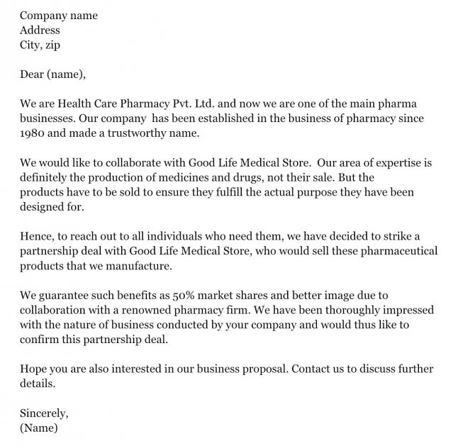 Образец письма с предложением о сотрудничестве с аптекой на английском языке